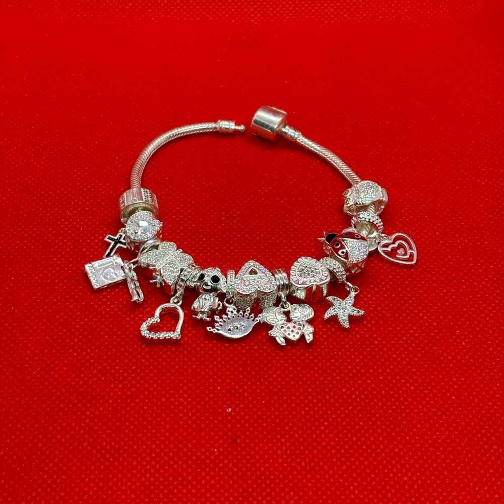 Silver Charm Bracelet with Heart and Star Charms